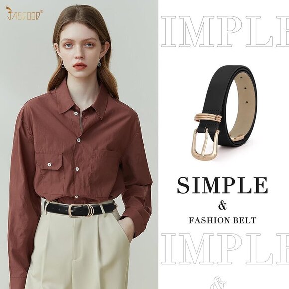 Women Black Leather Belt Gold Buckle Ladies Leather Waist Belt for Jeans Pants - Picture 4 of 7